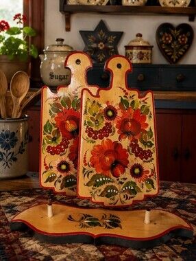 Hand Painted Folk Art Russian? Danish? Scandinavian? Wood 3 Piece Cutting Boards